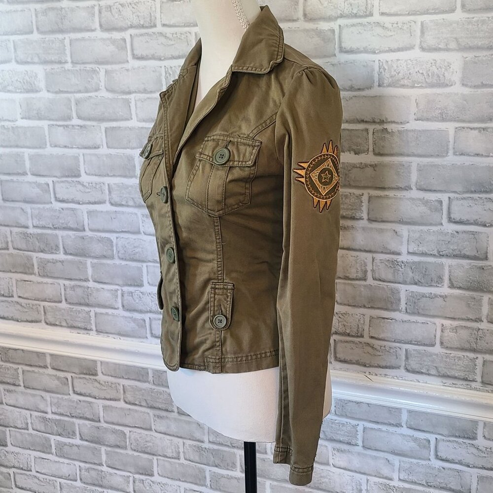 SO Button Down Fitted Jacket Long Sleeve Brown Embroidered Retro Womens Small